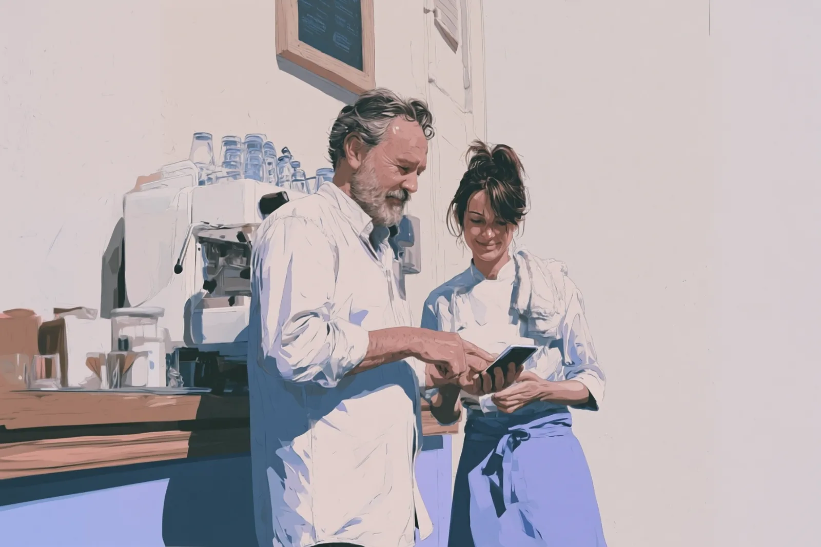 A restaurant owner and a cook looking at a smartphone together in front of the espresso machine