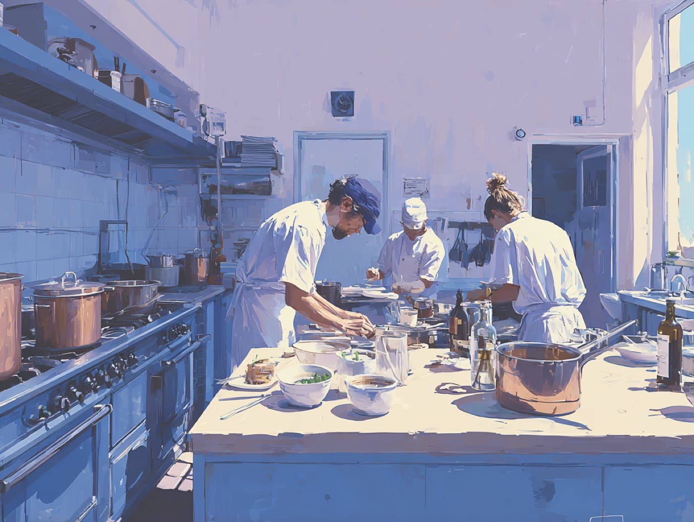 Brigata di cuochi al lavoro in una cucina professionale