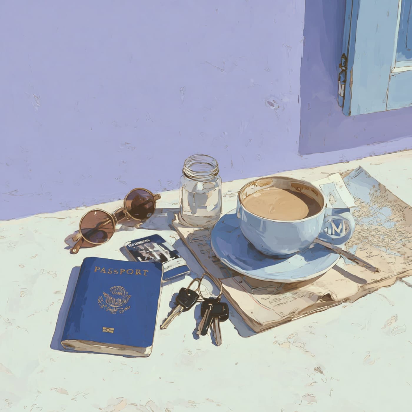 Passaporto, mappa e caffè su un tavolo: preparativi per lavorare all'estero