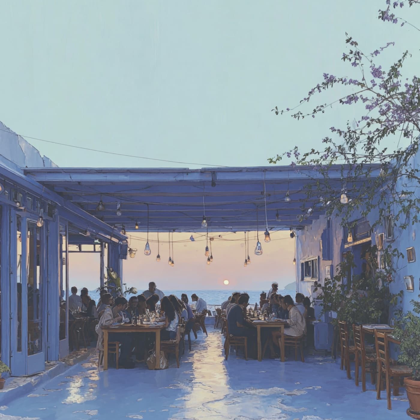 Terrazza di un ristorante sul mare al tramonto durante la stagione
