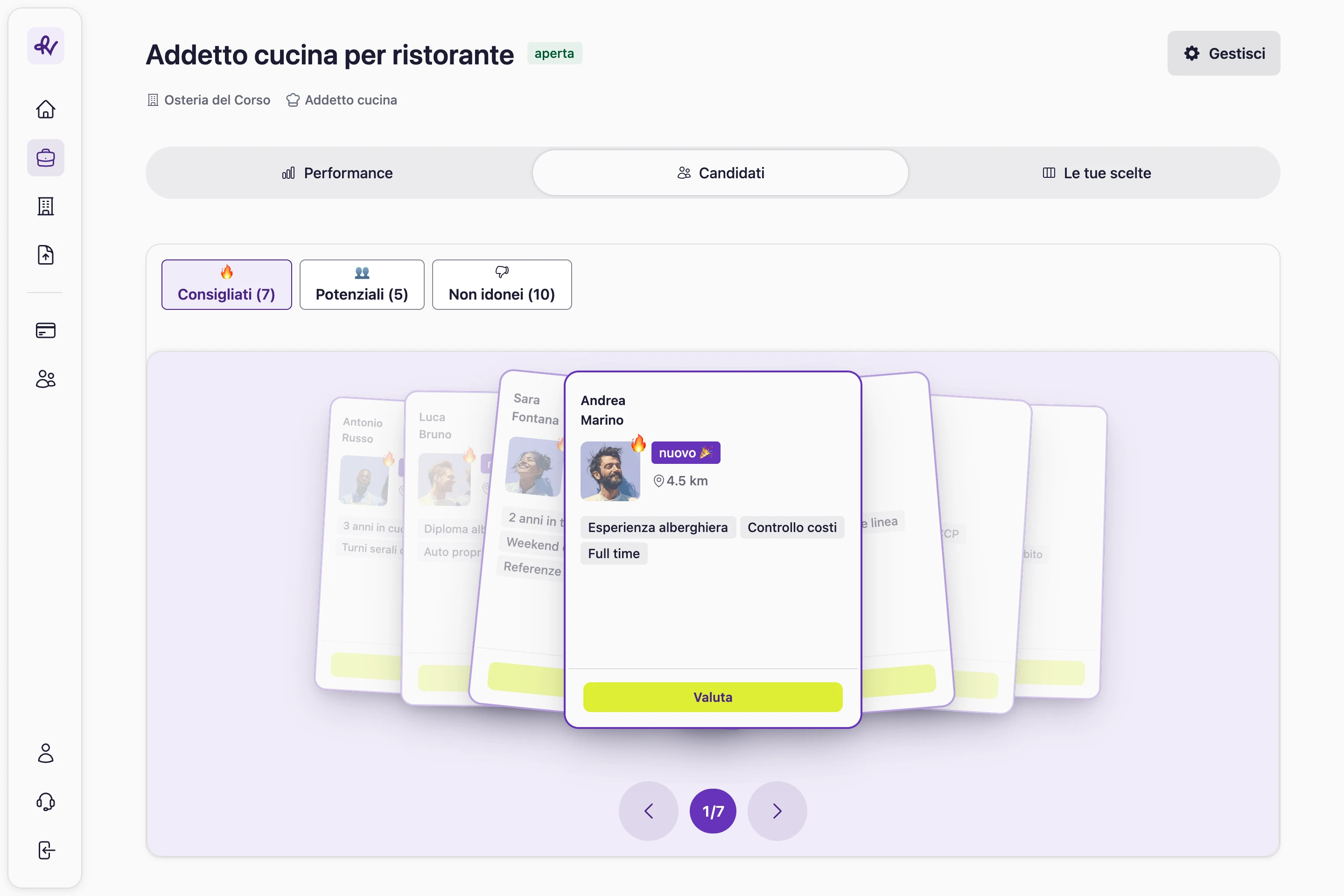 La pagina di una posizione su Restworld: sette candidati consigliati, uno in evidenza con i suoi punti di forza