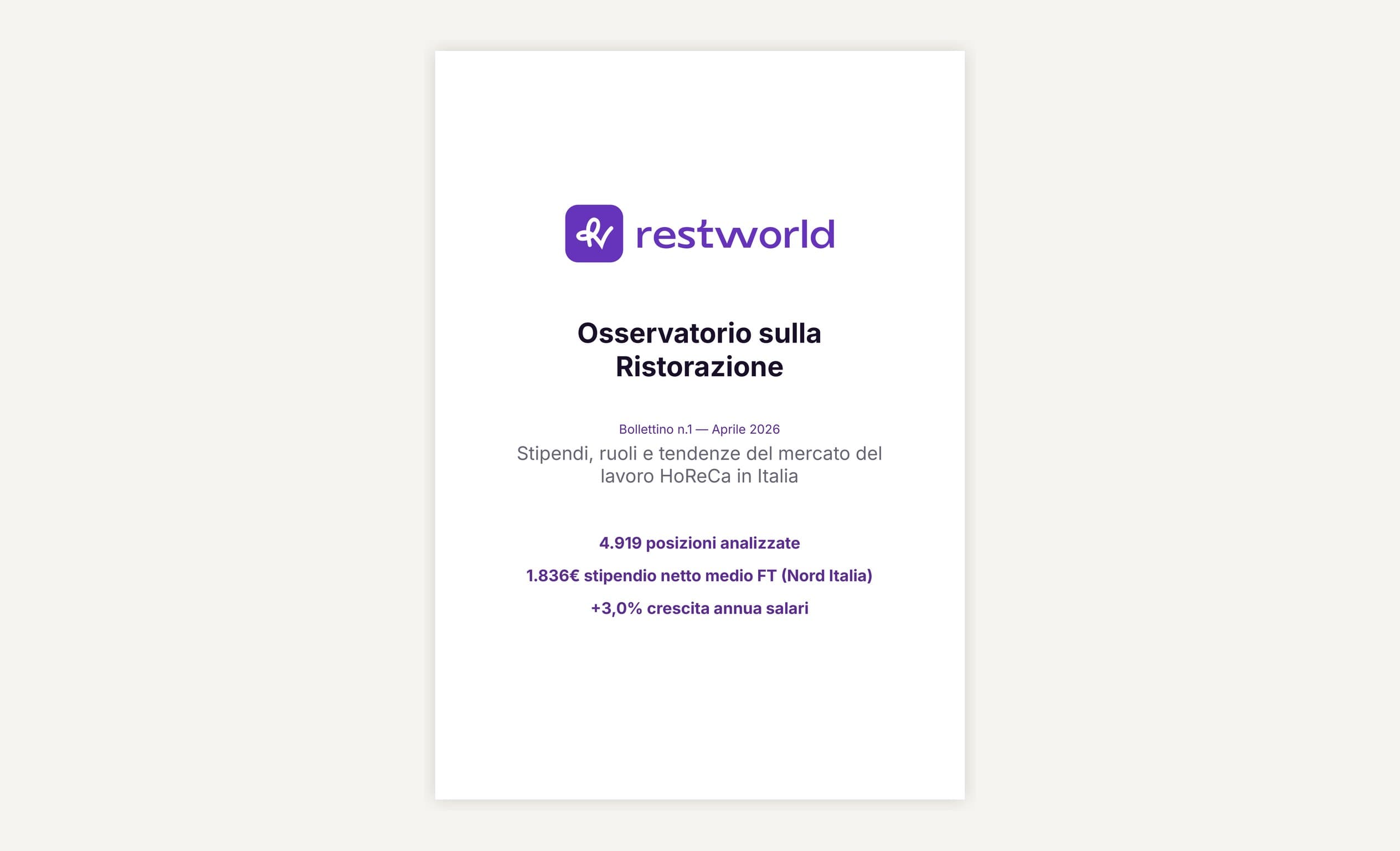 Cover of Report no.1 of the Restworld Observatory, April 2026, on a cream background