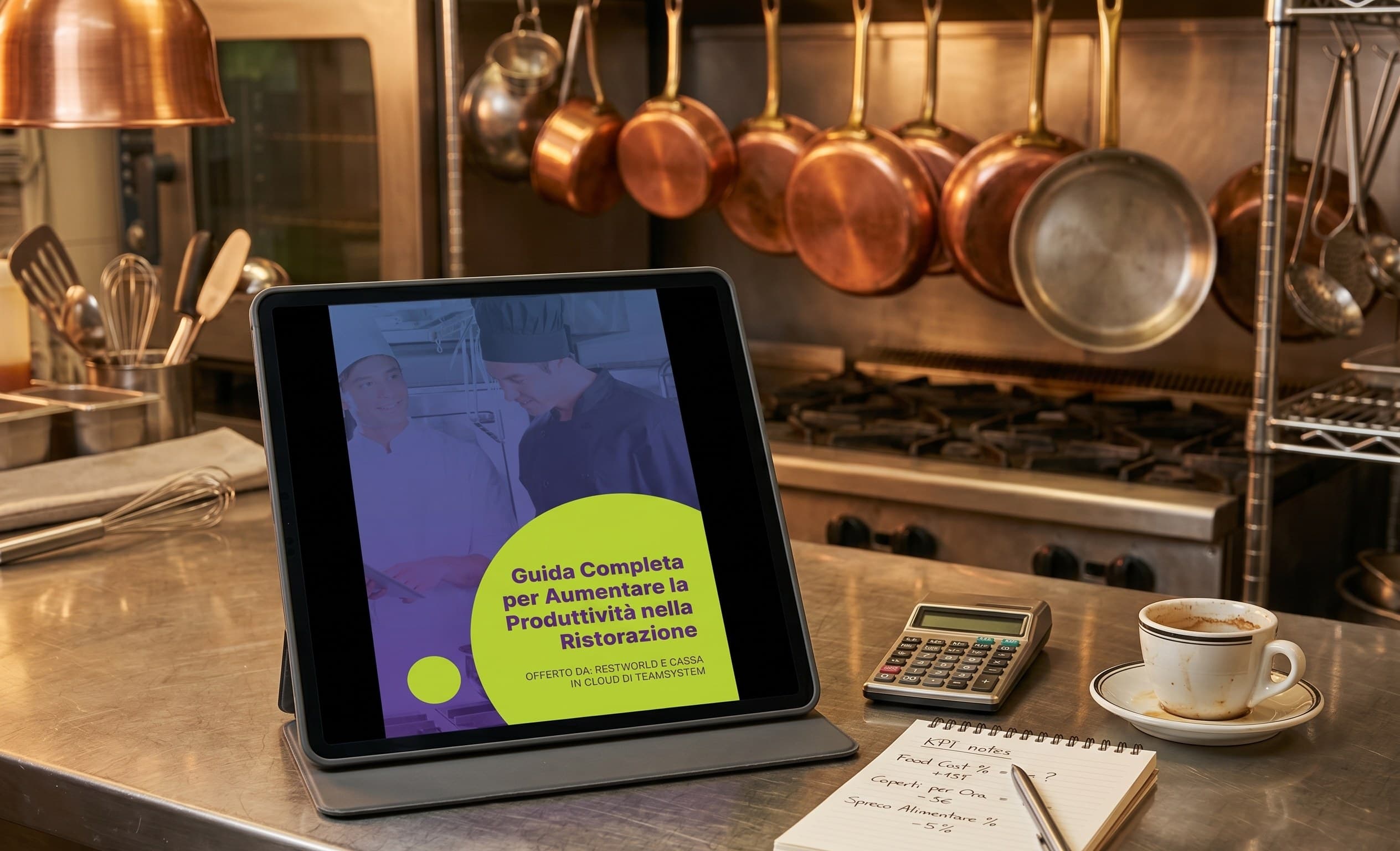 The Restworld × Cassa in Cloud White Paper open on an iPad in a professional kitchen, with a calculator, an espresso cup and a notebook with handwritten KPIs