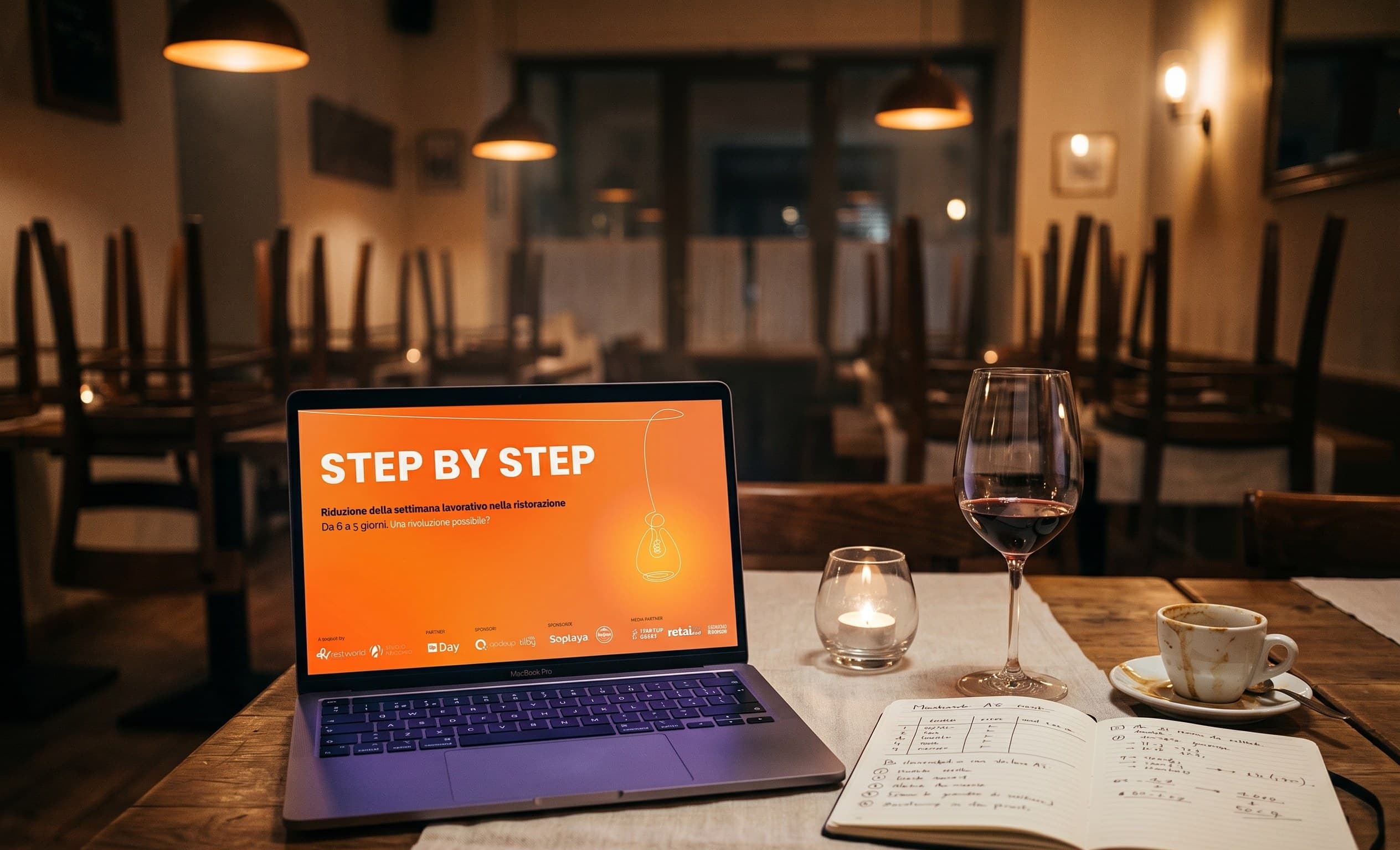 Restworld's Step by Step playbook open on a MacBook in a restaurant dining room after service, with a wine glass and a notebook nearby
